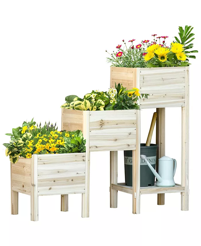 Outsunny 3 Tier Raised Garden Bed w  Storage Shelf， Wooden Planter Box Kit - Intensery