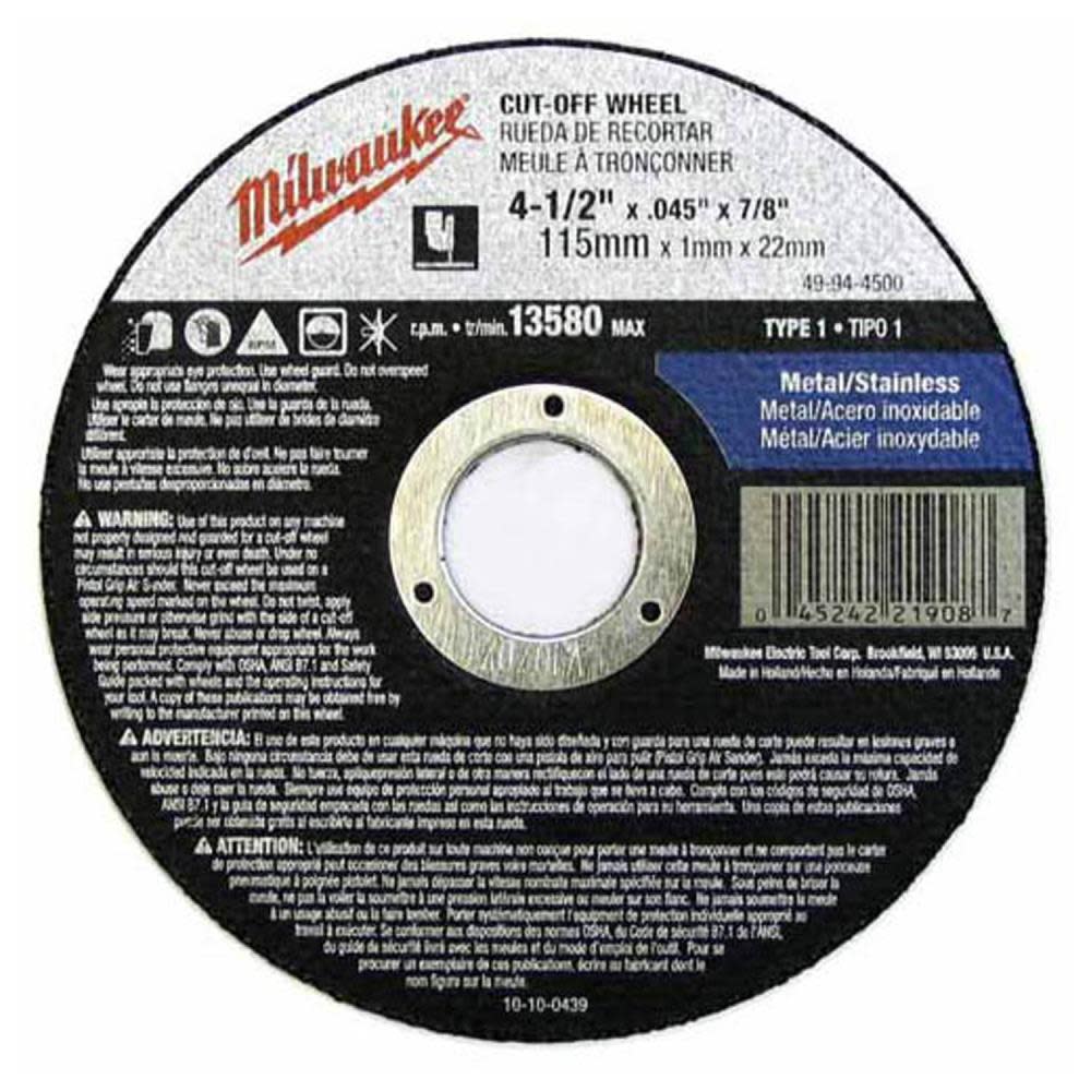Milwaukee 4-1/2 x .045 x 7/8 Type 1 Grinding Wheel 49-94-4500 from Milwaukee - Intensery