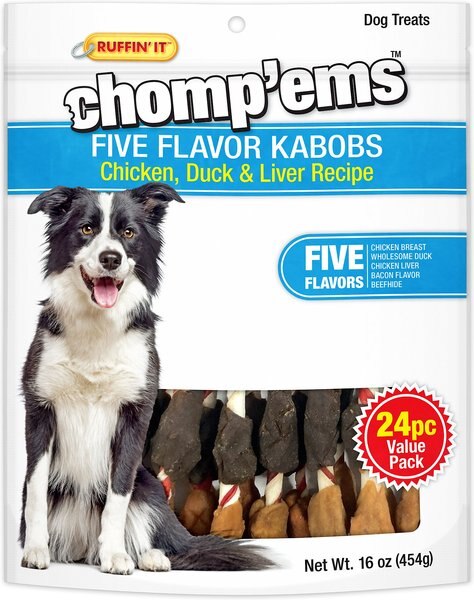 RUFFIN' IT Chomp'ems Five Flavor Kabobs Chicken， Duck and Liver Recipe Dog Treats， 24 count - Intensery