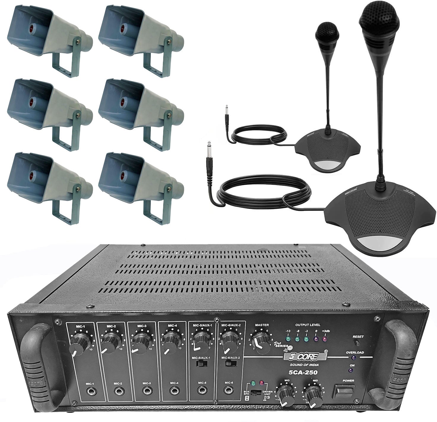 5Core Intercom Paging System w/ 250W Amplifier, 2x Microphone 6x PA Horn Speaker PACKET 250 - Intensery