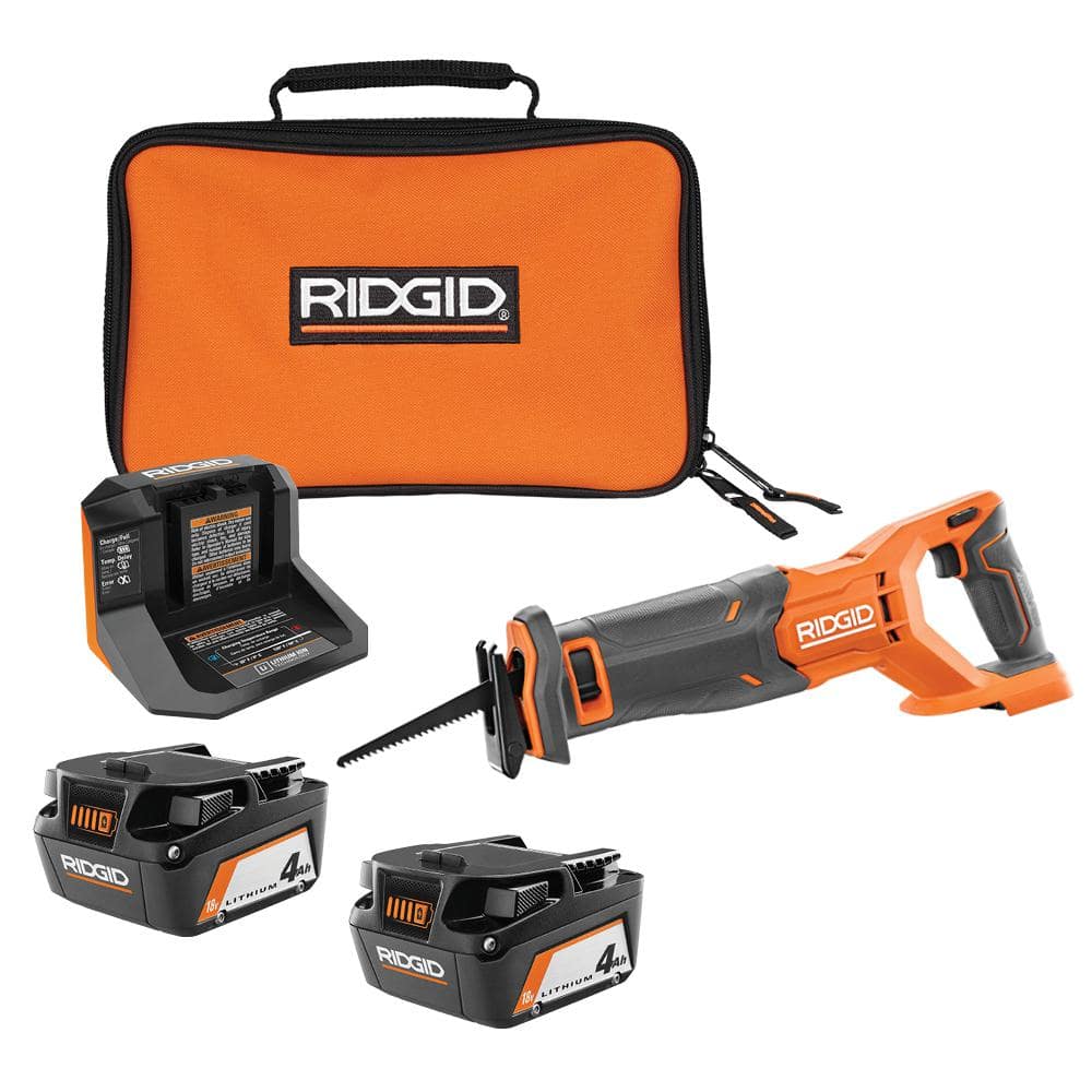 RIDGID 18V Cordless Reciprocating Saw with (2) 4.0 Ah Batteries, 18V Charger, and Bag R8646B-AC93044SBN - Intensery