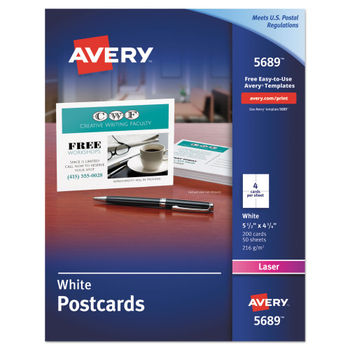 Avery Postcards for Laser Printers， 4 1/4 x 5 1/2， Uncoated White， 4/Sheet， 200/Box (5689) - Intensery