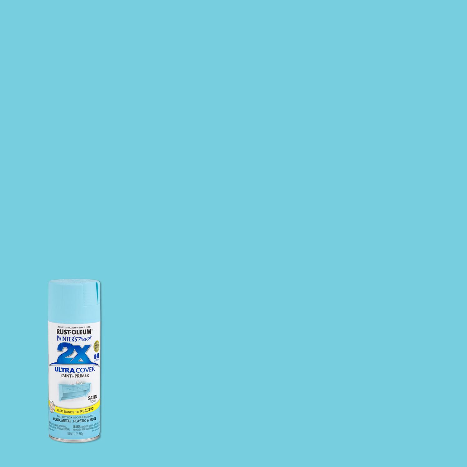 Rust-Oleum Painter\u0027s Touch 2X Ultra Cover Satin Aqua Paint+Primer Spray Paint 12 oz - Intensery