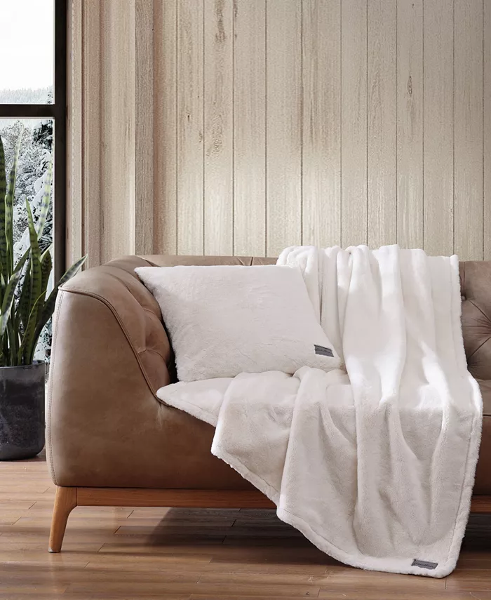 Eddie Bauer Solid Ivory Faux Fur 2 Piece Throw and Pillow Cover Set - Intensery