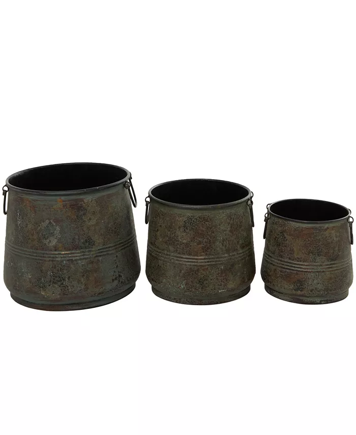 Rosemary Lane Brass Metal Indoor Outdoor Distressed Bucket Style Planter with Side Ring Handles Set of 3 - Intensery