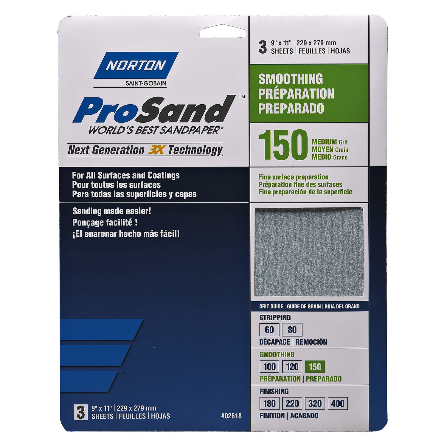 Norton ProSand 11 in. L X 9 in. W 150 Grit Aluminum Oxide Sandpaper 3 pk - Intensery