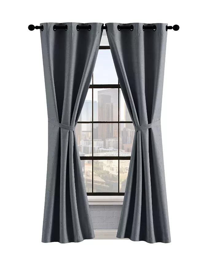 Lucky Brand Sondra Textured Leaf Pattern Blackout Grommet Window Curtain Panel Pair with Tiebacks Collection - Intensery
