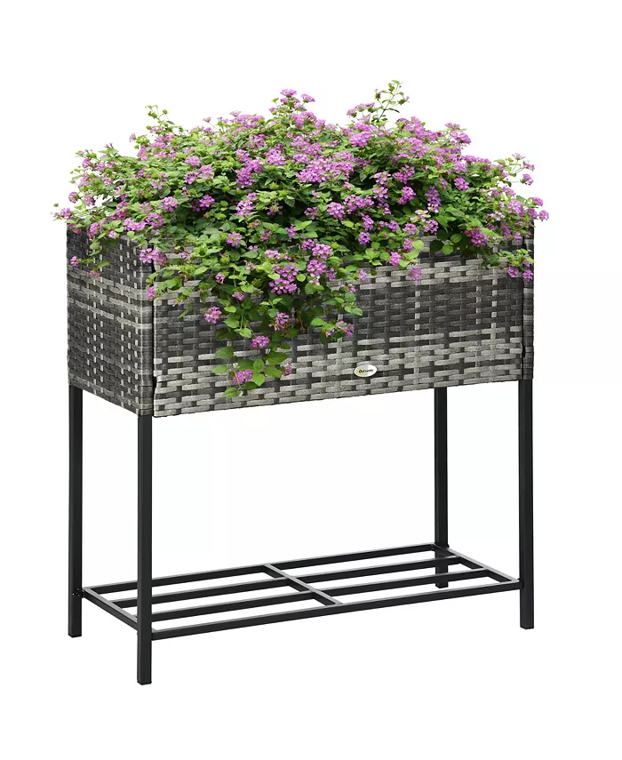 Outsunny Elevated Metal Raised Garden Bed with Rattan Wicker Look， Underneath Tool Storage Rack， Sophisticated Modern Design， Gray - Intensery