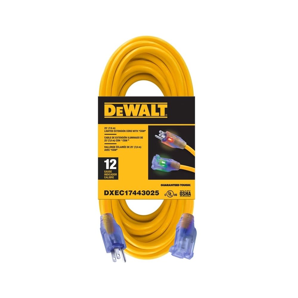 DEWALT Extension Cord Yellow Lighted 25' 12/3 SJTW - Intensery