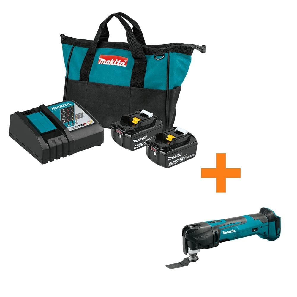 Makita 18-Volt LXT Battery and Rapid Optimum Charger Starter Pack (5.0Ah) with bonus 18V LXT Oscillating Multi-Tool BL1850BDC2XMT03 - Intensery