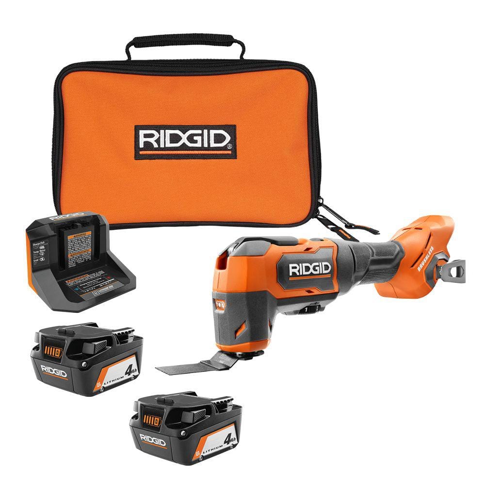 RIDGID 18V Brushless Cordless Oscillating Multi-Tool with (2) 4.0 Ah Batteries, 18V Charger, and Bag R86240B-AC93044SBN - Intensery