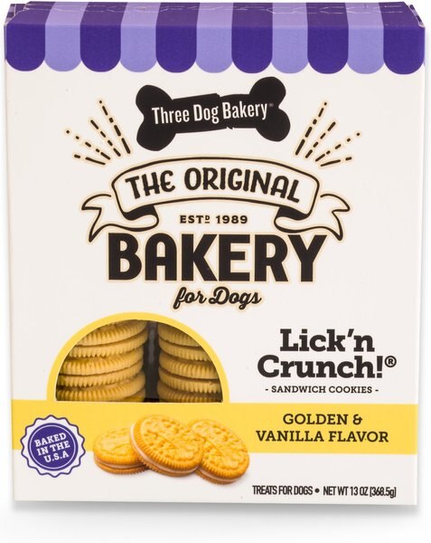 Three Dog Bakery Lick' n Crunch Sandwich Cookies Golden and Vanilla Flavor Dog Treats - Intensery