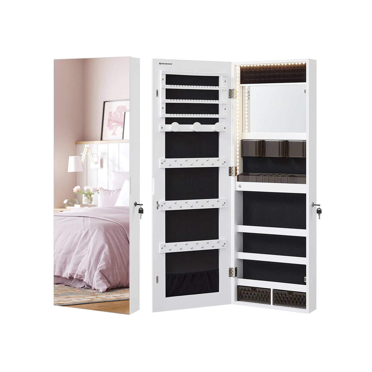 SONGMICS Hanging Jewelry Cabinet Armoire with Built-in Mirror and LED LightsWhite - Intensery