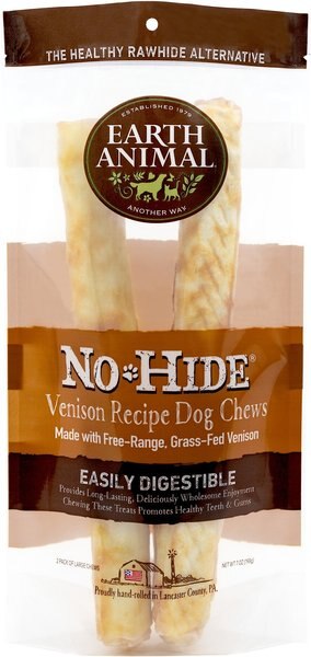 Earth Animal No-Hide Long Lasting Natural Rawhide Alternative Venison Recipe Large Chew Dog Treats， 2 count - Intensery