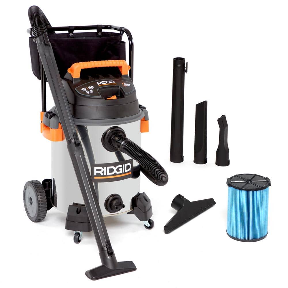RIDGID 16 Gallon 6.5 Peak HP Stainless Steel Wet/Dry Shop Vacuum with Fine Dust Filter, Locking Hose and Accessories WD1956 - Intensery