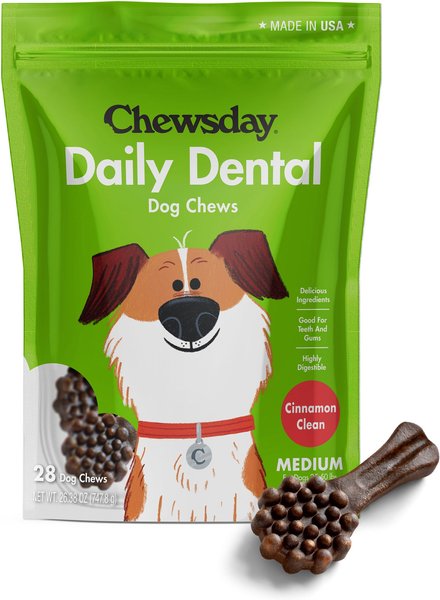 Chewsday Cinnamon Clean Daily Dental Dog Dental Treats， 28 count， Medium - Intensery