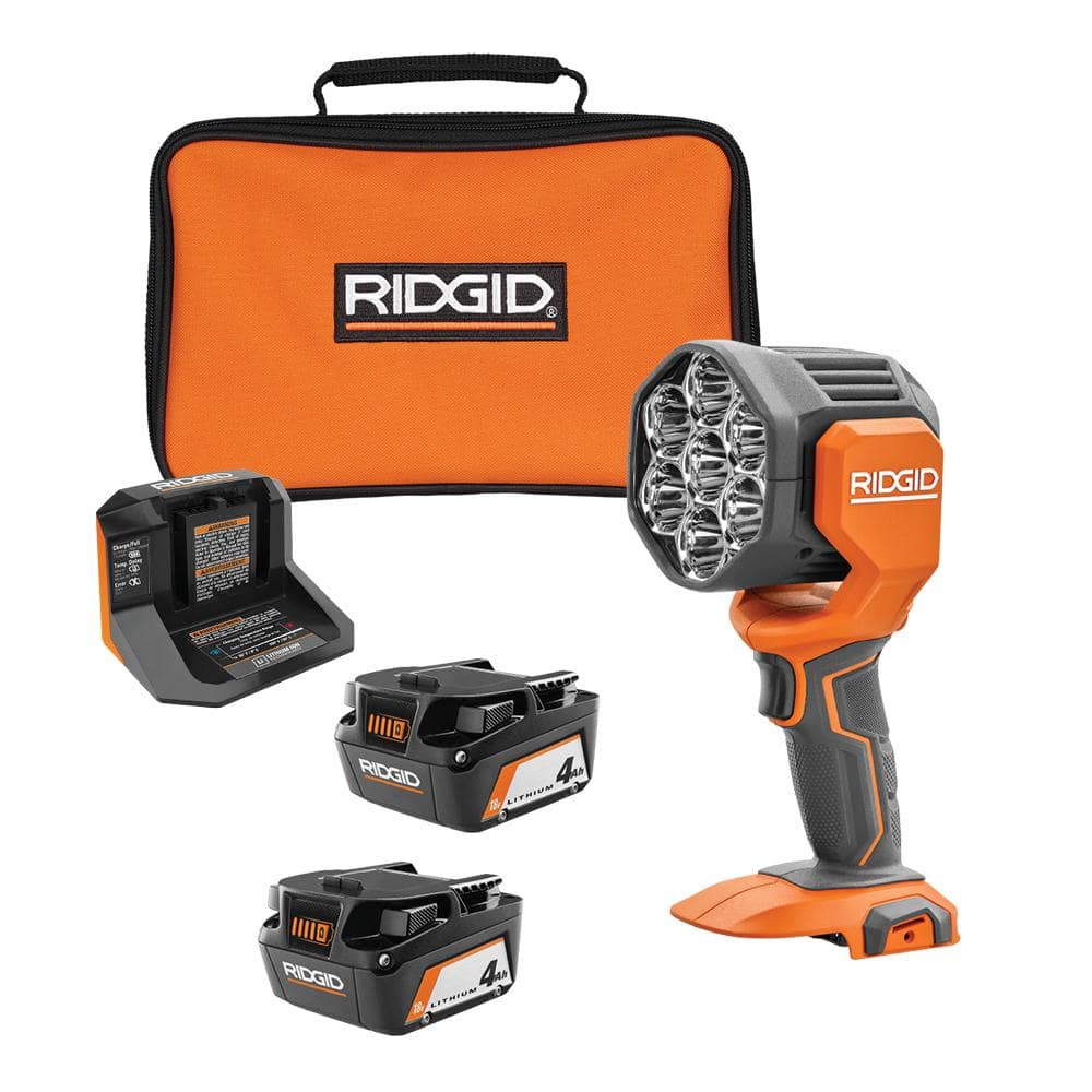 RIDGID 18V Cordless LED Spotlight with (2) 4.0 Ah Batteries, Charger, and Bag R8699B-AC93044SBN - Intensery