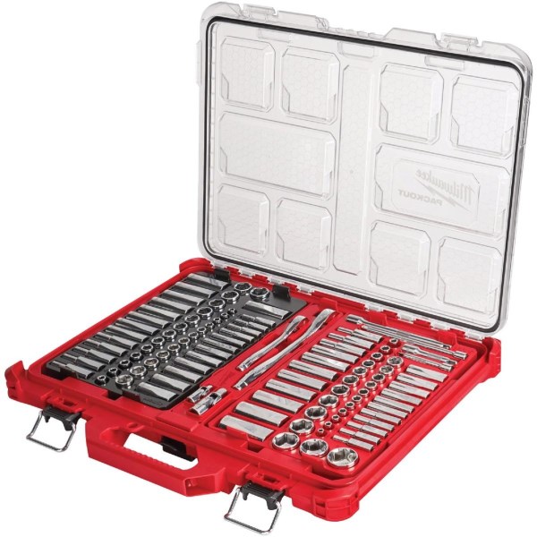 Milwaukee Std/Metric 1/4 In. and 3/8 In. Drive 6-Point Ratchet and Socket Set w/PACKOUT Organizer (106-Piece) - Intensery