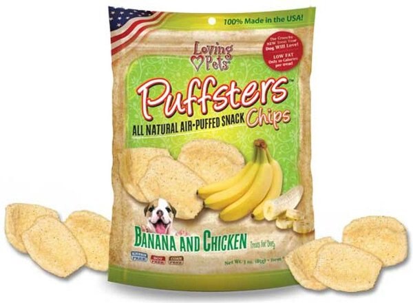 Loving Pets Puffsters Banana and Chicken Dog Crunchy Treat， 4-oz bag - Intensery