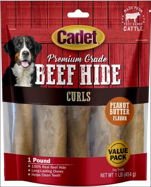 Cadet Premium Grade Beef Hide Chew Curls Dog Treats， Peanut Butter， 1-lb bag - Intensery