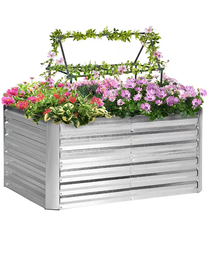 Outsunny Raised Garden Bed with 2 Trellis Tomato Cages， Galvanized Elevated Planter Box with Reinforcing Rods， Elevated Metal for Climbing Vines， Grap - Intensery