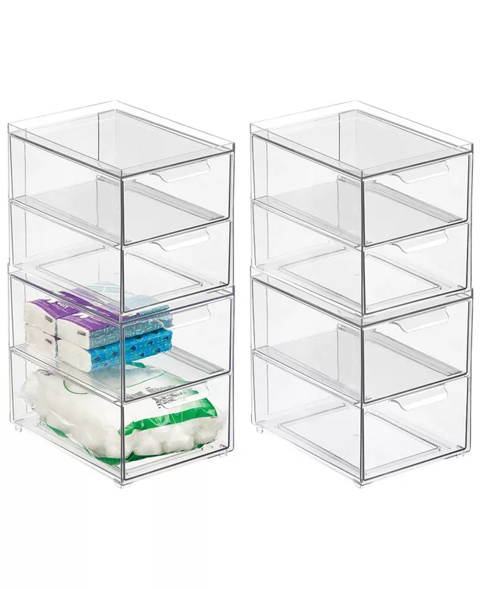 mDesign Plastic Stackable Bathroom Vanity Storage Organizer with Drawer， Medium - 4 Pack - Intensery