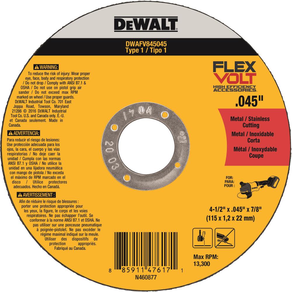 DEWALT FLEXVOLT 4-1/2 In. x .045 In. x 7/8 In. T1 5pk Cutting Wheel DWAFV845045B5 from DEWALT - Intensery