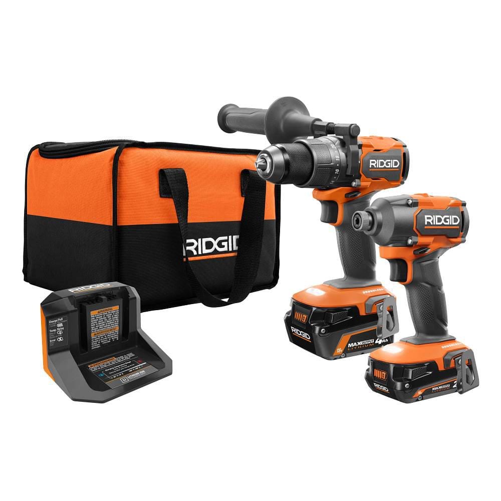 RIDGID 18V Brushless Cordless 2-Tool Combo Kit with Hammer Drill, Impact Driver, (2) Batteries, Charger, and Bag R9208 - Intensery