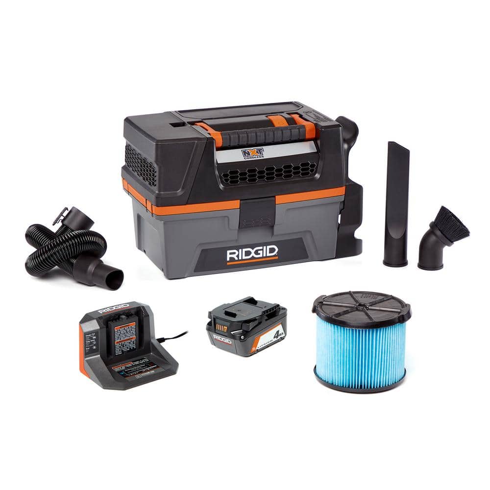 RIDGID 3 Gal. 18-Volt Cordless Handheld NXT Wet/Dry Vacuum with Battery, Charger, Fine Dust Filter, Hose and Accessories HD0320 - Intensery
