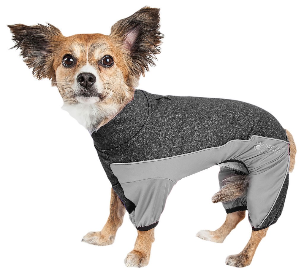 Pet Life Active 'Chase Pacer' Heathered Performance 4-Way Stretch Two-Toned Full Body Warm Up in Charcoal Grey And Black (X-small) - Pet Life YGHL6BKX - Intensery