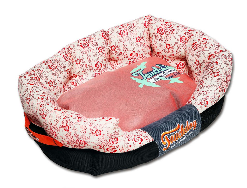 Touchdog Floral-Galore Ultra-Plush Rectangular Rounded Designer Dog Bed in Red， Pink， White (Large) - Pet Life PB48RDLG - Intensery