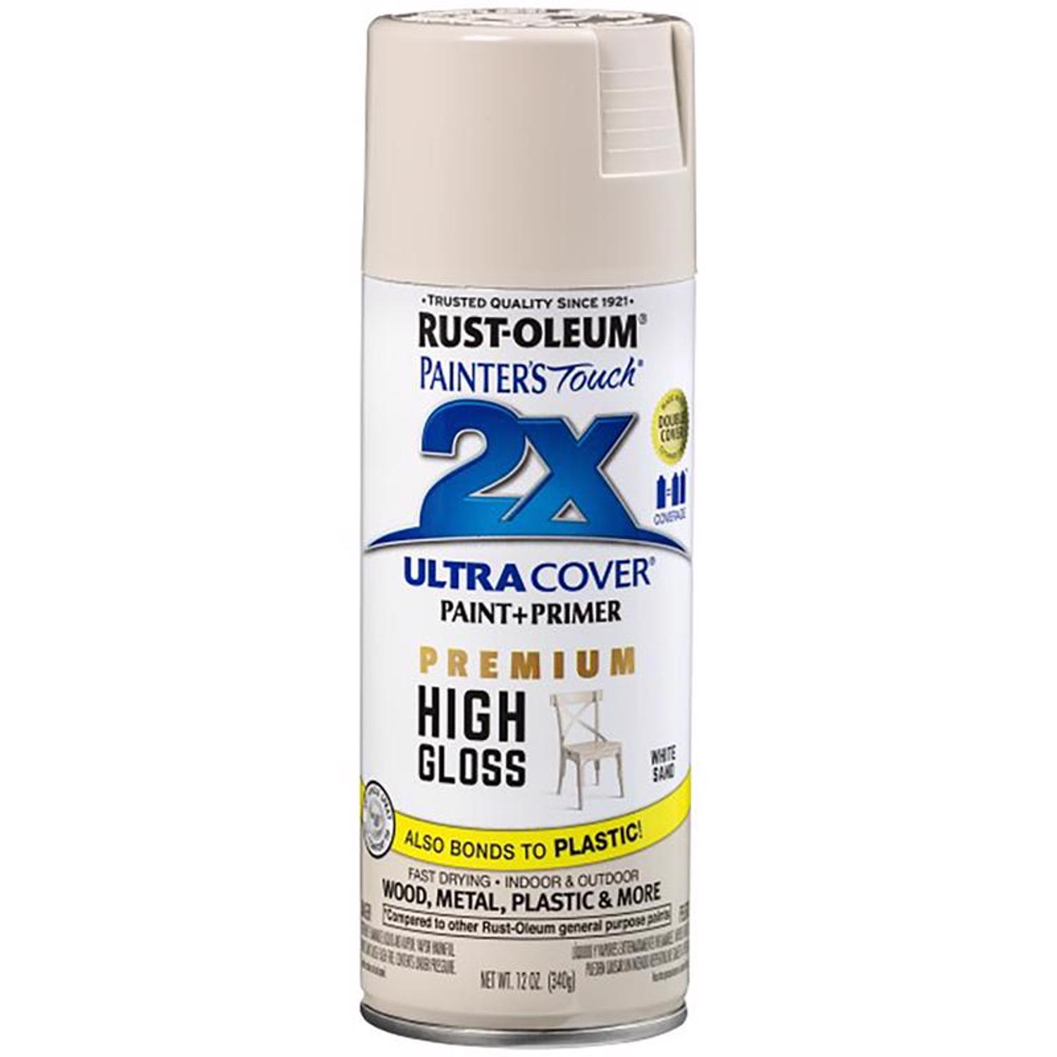 Rust-Oleum Painter\u0027s Touch 2X Ultra Cover High-Gloss White Sand Paint+Primer Spray Paint 12 oz - Intensery