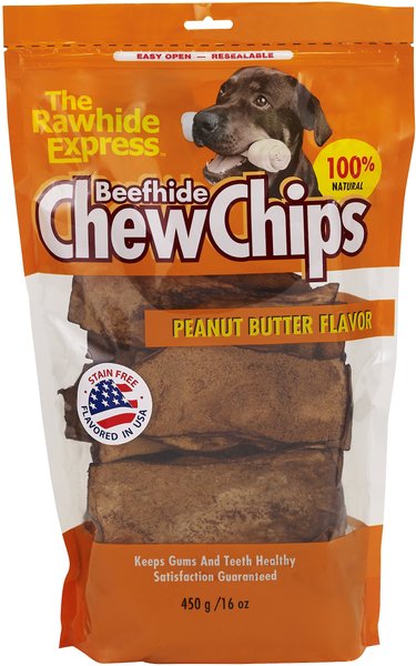 The Rawhide Express Beefhide Chew Chips Peanut Butter Flavor Dog Treats， 16-oz bag - Intensery