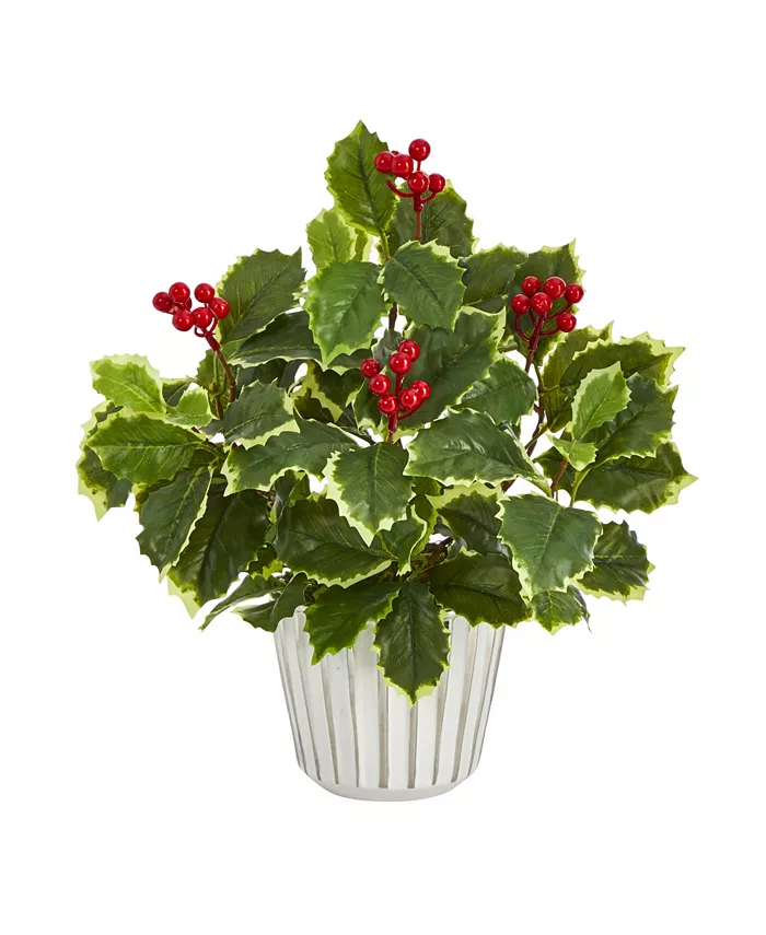 Nearly Natural Variegated Holly Leaf Artificial Plant in Planter with Trimming， Real Touch - Intensery