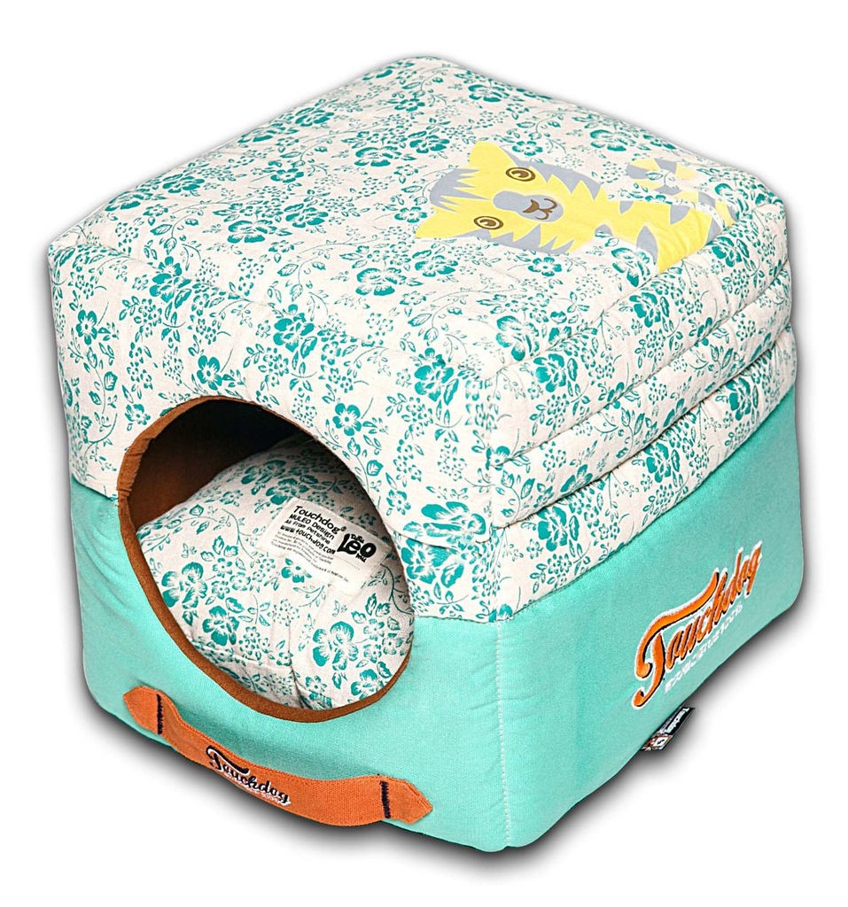 Touchdog Floral-Galore Convertible and Reversible Squared 2-in-1 Collapsible Dog House Bed in Teal Blue， White (One Size) - Pet Life PB49BLLG - Intensery