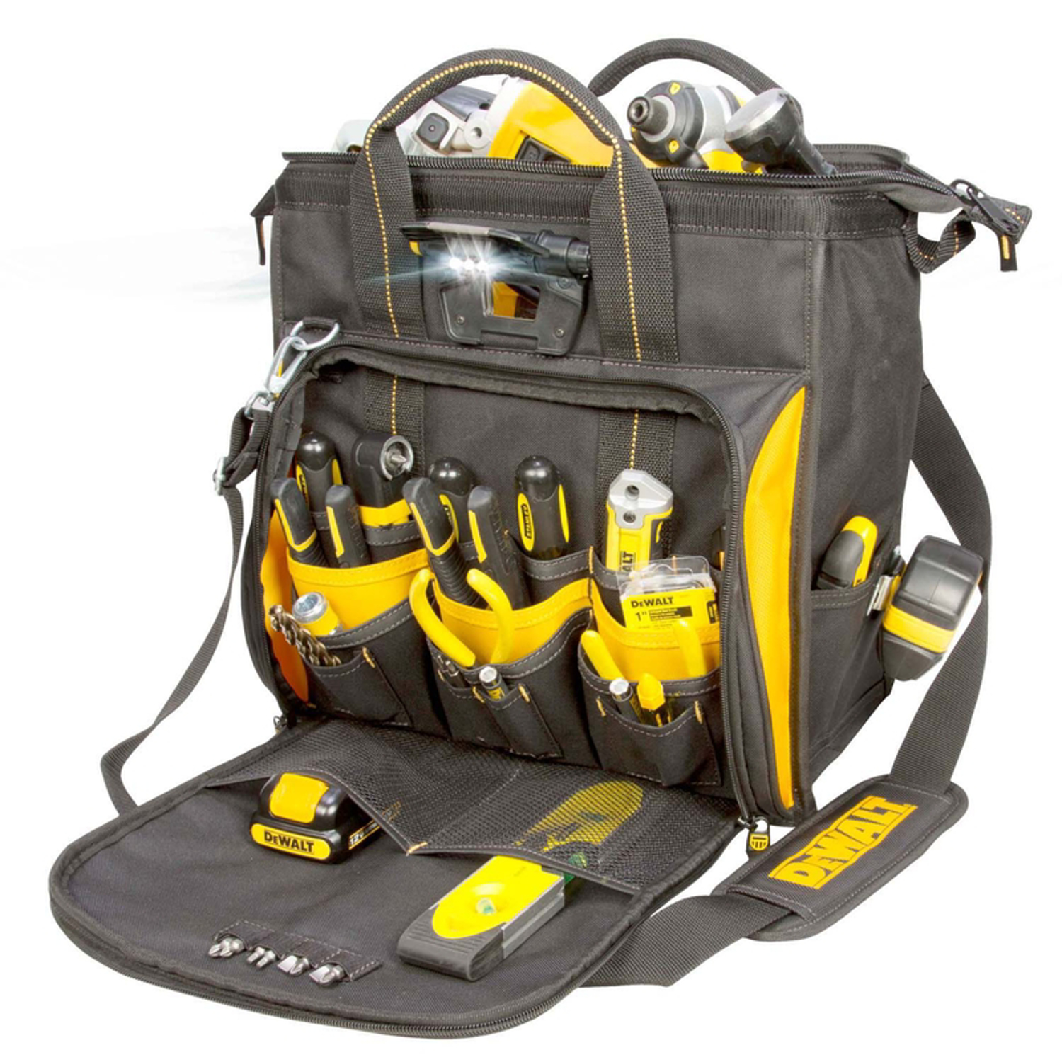 DeWalt Technician\u0027s 10.25 in. W X 9 in. H Polyester Lighted Tool Bag 41 pocket Black/Yellow 1 pc - Intensery