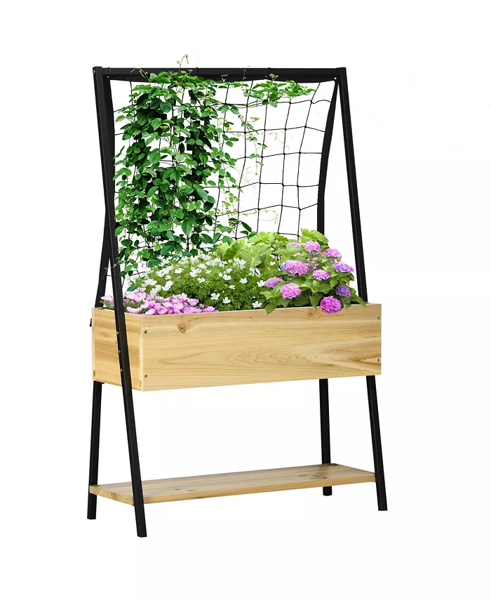 Outsunny Raised Garden Bed with Climbing Grid Trellis Storage Shelf， Elevated Planter Box for Vegetable Vines， Climbing Plants， Natural - Intensery
