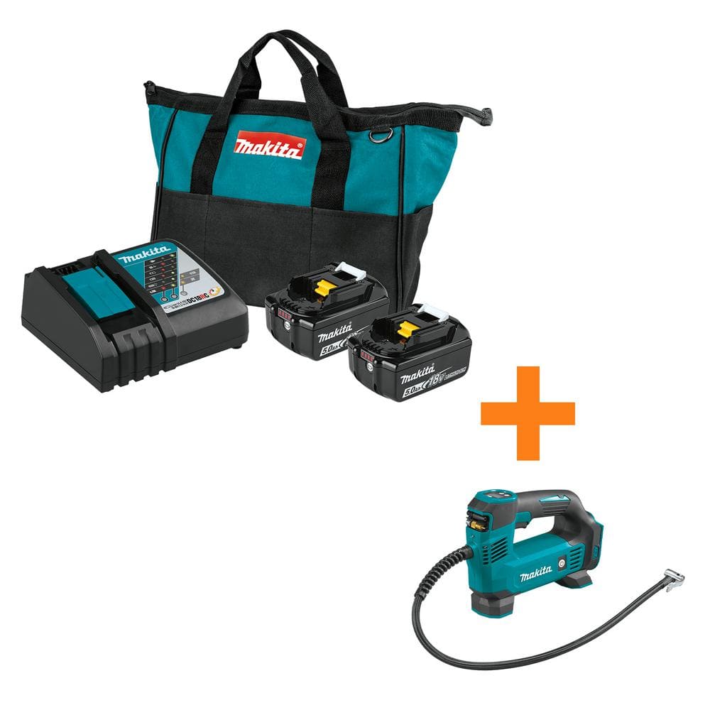 Makita 18-Volt LXT Lithium-Ion Battery and Rapid Optimum Charger Starter Pack (5.0Ah) with bonus 18V LXT Inflator (Tool-Only) BL1850BDC2DMP18 - Intensery