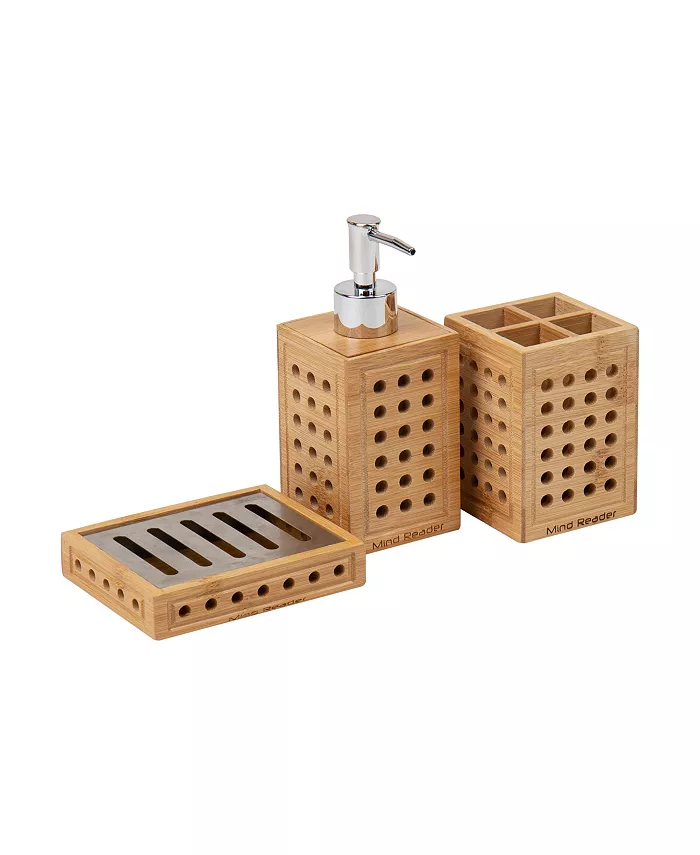 Mind Reader Lattice Collection， Soap Dish， Liquid Soap Dispenser， and Toothbrush Holder Set， Bathroom， Rayon from Bamboo - Intensery