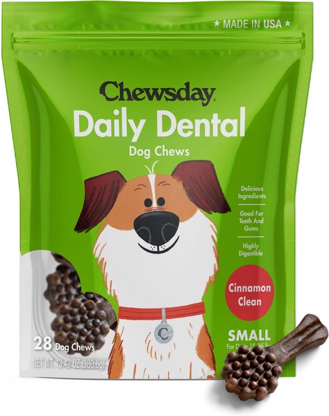 Chewsday Cinnamon Clean Daily Dental Dog Dental Treats， 28 count， Small - Intensery