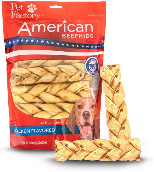 Pet Factory Beefhide 6-inch Braided Sticks Chicken Flavored Natural Dog Hard Chews， 14 count - Intensery