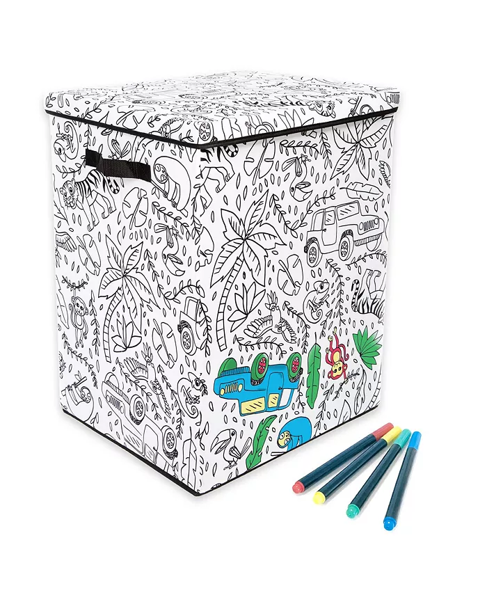 Baum Kid's Coloring Jungle Print Hamper with Lid and 4 Washable Markers Set - Intensery