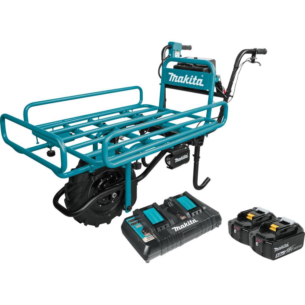 Makita 18V X2 LXT Brushless Cordless Power-Assisted Hand Truck/Wheelbarrow Kit with Flat Bed (5.0Ah) XUC01PTX2 from Makita - Intensery
