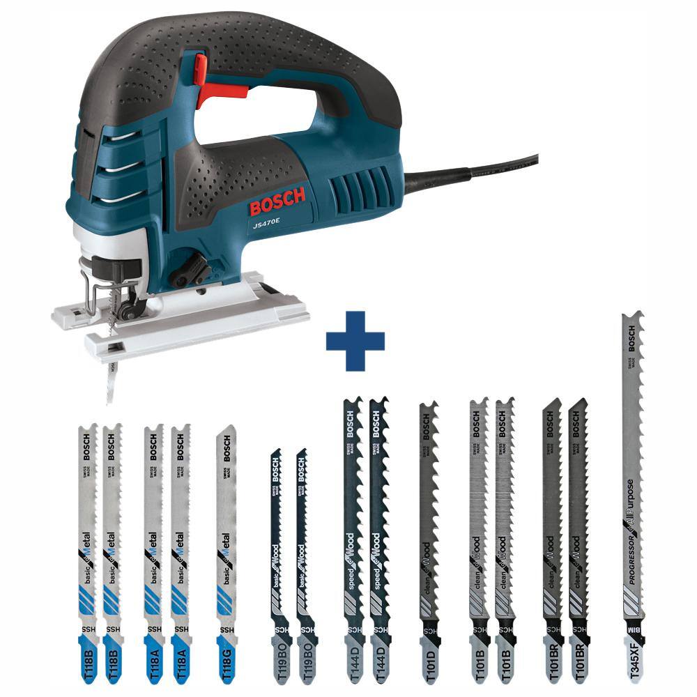 Bosch 7 Amp Corded Variable Speed Top-Handle Jig Saw Kit with Case and Bonus T-Shank Jig Saw Blades (15-Pack) JS470E+T15RC - Intensery