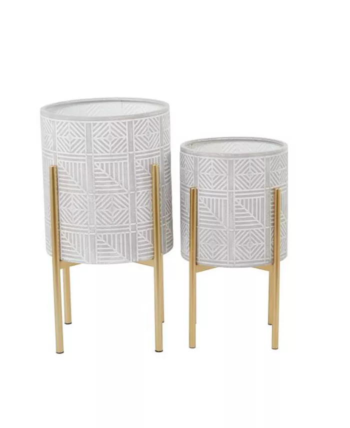 CosmoLiving Wood Bohemian Planters with Stand， Set of 2 - Intensery