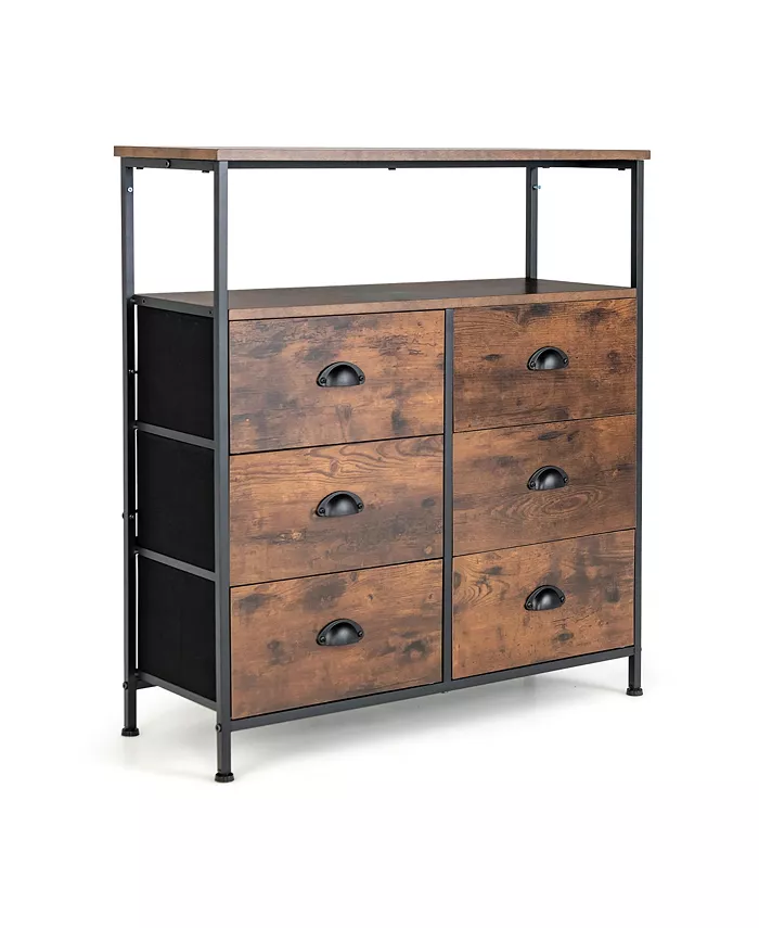 Costway 6-Drawer Dresser 2-Tier Fabric Storage Tower w wooden Top Chest Organizer - Intensery