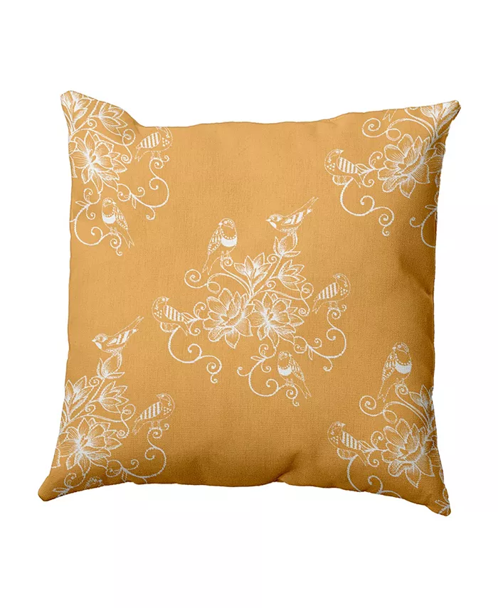 E by Design Morning Birds 16 Inch Gold Decorative Floral Throw Pillow - Intensery