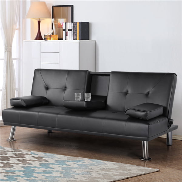 Alden Design Modern Faux Leather Reclining Futon with Cupholders and Pillows, Multiple Colors - Intensery