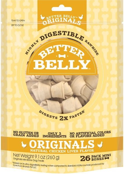 Better Belly Chicken Liver Flavor Rawhide Bone Dog Treats， Mini - Intensery