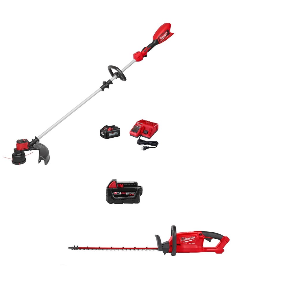 Milwaukee M18 String Trimmer Kit and 24 Hedge Trimmer with XC 5Ah Battery Bundle - Intensery